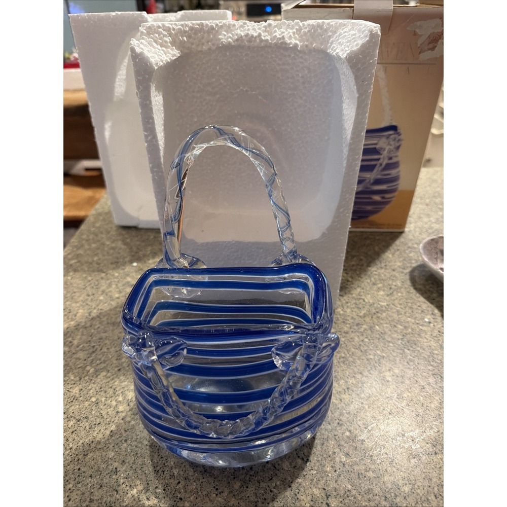 Fifth Avenue Crystal LTD Blue & White Glass Handbag 9" High Handmade Art In Box